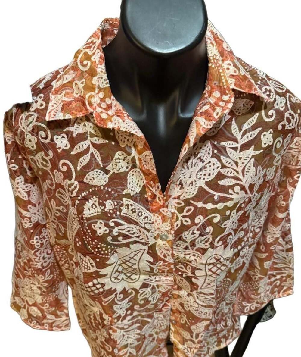 Notations Orange And White Patterned Button Down Shirt Blouse Size L